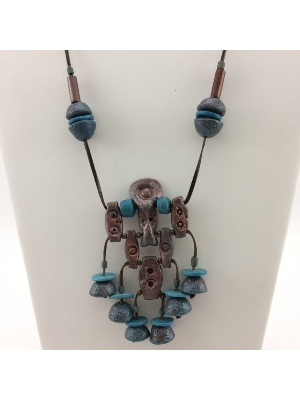 Handmade Artisan Clay Necklace Leather Blue Brown Unique Boho Unisex Festival